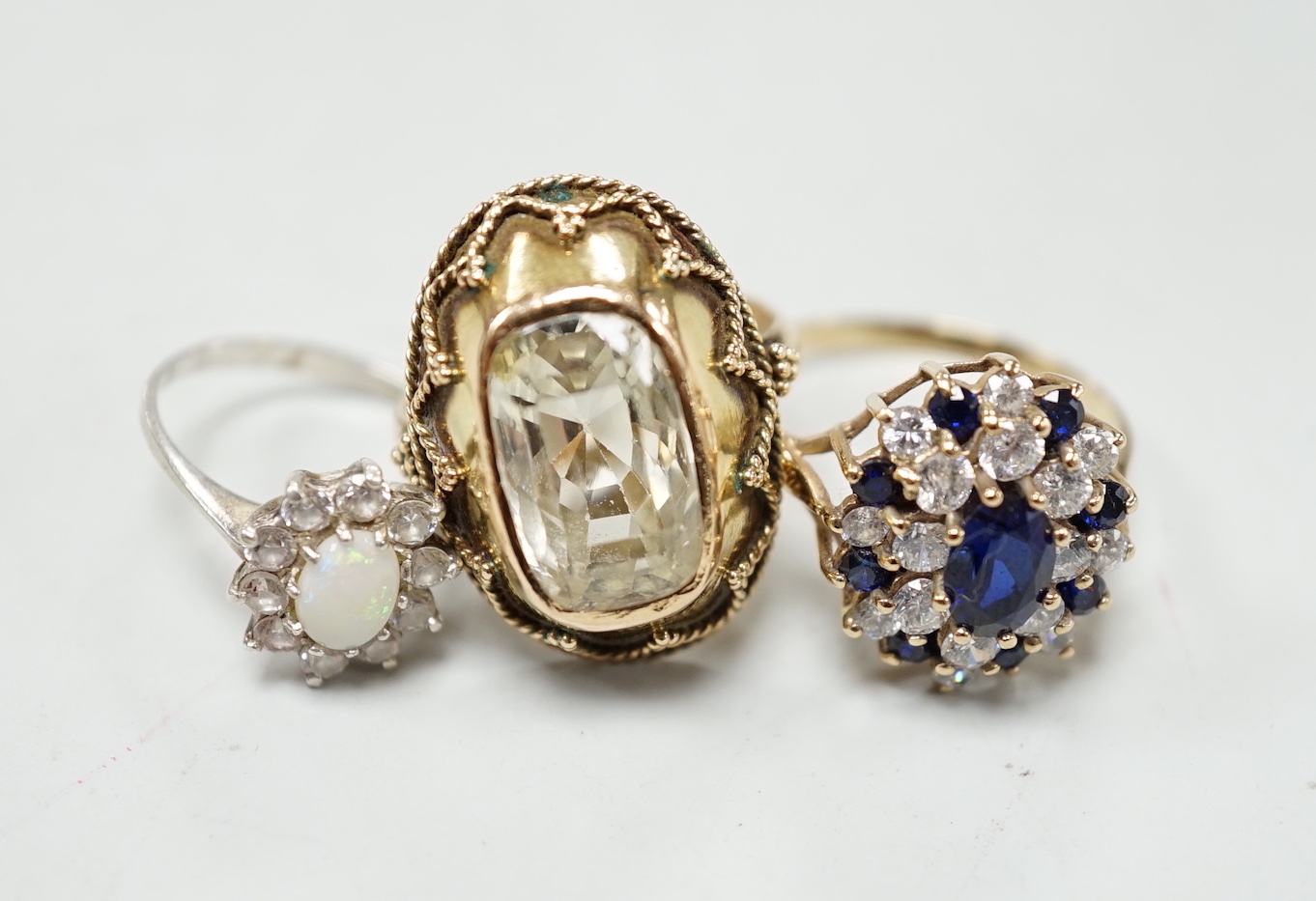 Three assorted rings, including gem set stamped 18c.